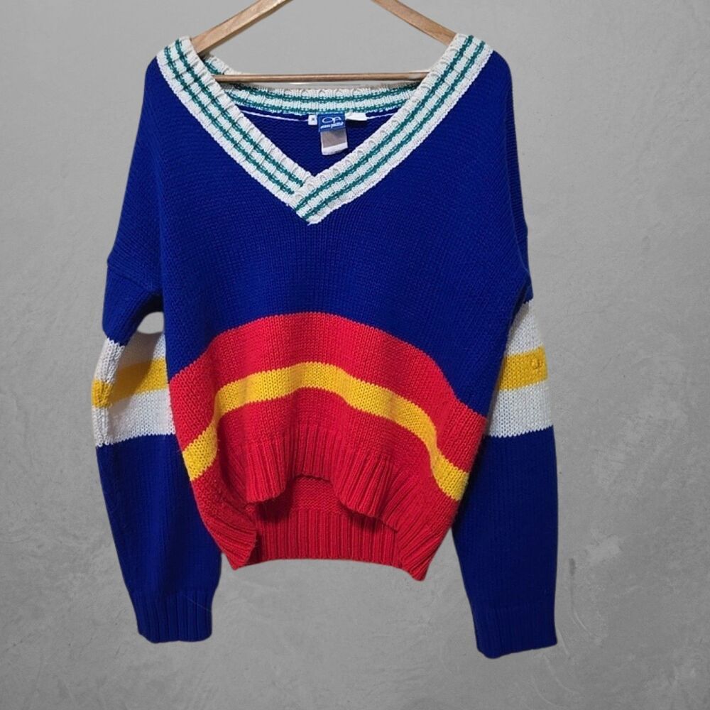 Vintage 90s OP Ocean Pacific  Medium Sweater Rainbow Striped V-Neck Knit